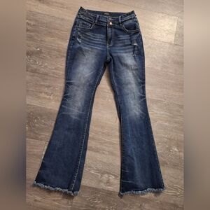 Flamingals High-Rise Dark Blue Y2K Flare Jeans with Boho Frayed Hem Stretch